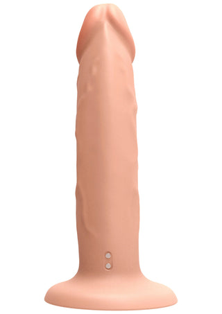 Get Real TOYJOY Vibrator 19 cm, en realistisk, köttfärgad silikondildo med utsvängd bas, visas mot en vit bakgrund. Dess selekompatibla design gör den perfekt för mångsidiga lekar.