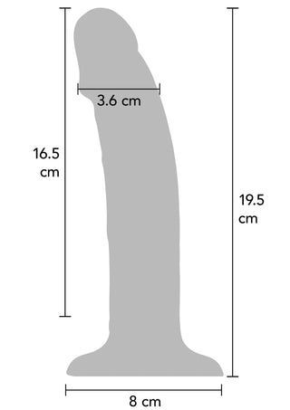 Silhuett av Get Real TOYJOY Vibrator 19 cm: kompatibel med silikon, höjd 16,5-19,5 cm, bas 8 cm, bredd 3,6 cm.
