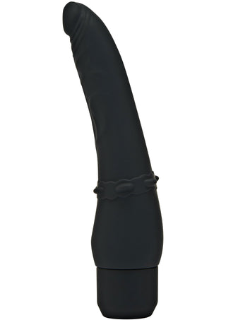 ToyJoy Realistisk Slim Vibrator är en elegant, svart vibrator gjord av silkeslen silikon, med ett lätt böjt, strukturerat skaft och slät finish. Dess räfflade bas säkerställer ett säkert grepp. Denna vattentät design erbjuder modernitet och diskretion för personligt bruk.