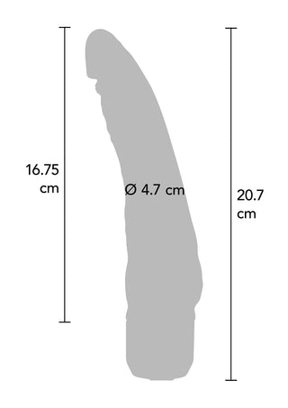 ToyJoy Realistisk Slim Vibrator, tillverkad i silkeslen silikon, har en vattentät siluett med dimensioner: total höjd 20,7 cm, smalare sektionshöjd 16,75 cm och en bredd på 4,7 cm för en mjuk upplevelse.