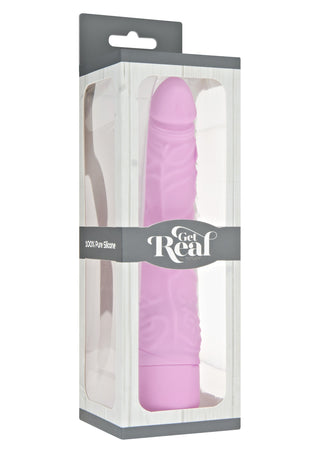 ToyJoy Realistisk Slim Vibrator, en rosa silikondildo i en genomskinlig låda med en grå "Get Real"-remsa, erbjuder 100 % ren silikon och vattentät. Den har en slät, realistisk look för en förbättrad silkeslens silikonstruktur.