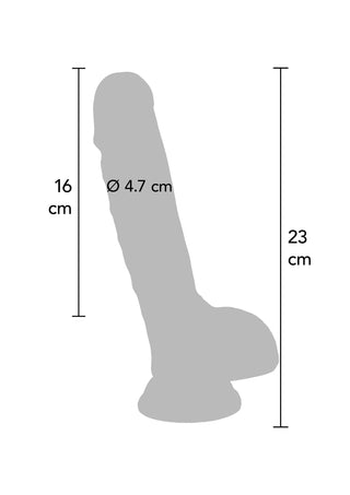 Silhuetten av den visade Dual Density-dildon på 23 cm, 16 cm hög, 23 cm lång och 4,7 cm i diameter; har dubbel densitet för en naturtro känsla.