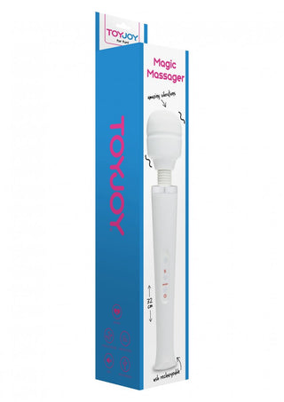Box med en vit handhållen ToyJoy Classic Massager, som visar upp en livfull blå och rosa design gjord av högkvalitativt material.