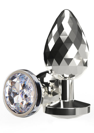Disco Diamond Analplugg är en analleksak i silver, diamantmönstrad aluminium med en stor cirkulär konstdiamant-juvelbas på vit bakgrund.