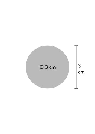 En grå cirkel med "Ø 3 cm" i mitten anger diametern, medan en vertikal dubbelpilad linje till höger mäter 3 cm, vilket frammanar en perfekt utformad Glass Worxx Pärl-Knipkulor som förstärker ditt utrymme.