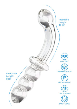 Dildo i klart borosilikatglas med två ändar, slät yta, böjd form och rundade ändar. Allergivänlig.