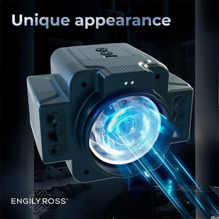 Cumera Camera Masturbator, med sin unika design och Engily Ross logotyp, avger blå ljusstrålar och har en intensiv vibration för en fängslande visuell upplevelse.