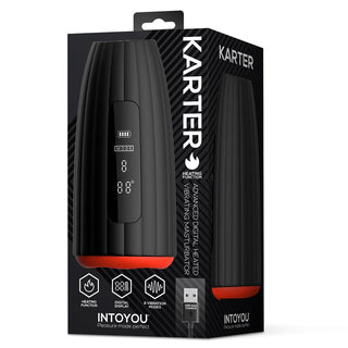 INTOYOU Karter Masturbator är en svart och röd digital manlig masturbator med vibration, displayskärm, värmefunktion, detaljhandelsförpackning och inkluderar en USB-laddningskabel.