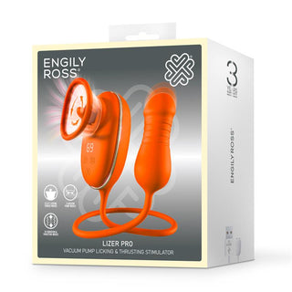 Vit och grå låda med Engily Ross Lizer Pro, en orange vakuumpump med oscillerande stimulator för slickande och stötande av tungan.