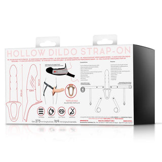 Bilden visar baksidan av Action Strap-On Hollow Dildo L-lådan, gjord av premium silikon. Den har illustrationer och diagram över produktdimensioner, justerbara remmar och flerspråkiga beskrivningar för denna realistiska dildo.