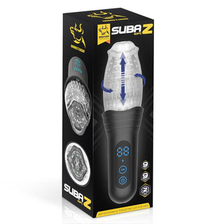 Svart låda med Subaz Masturbator 360° Rotation för män, med en digital display, produktbild, rörelsepilar på en genomskinlig hylsa och 360° rotation.