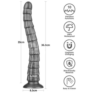 Svart, lång, räfflad analvibrator tillverkad av ett slätt, vattentätt material.