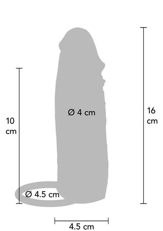Hydrated Skin Penis Sleeve 16 cm är en grå, cylindrisk sleeve med platt bas som är 16 cm hög och 4,5 cm bred. Den är tillverkad av mjukt silikon för komfort, har dubbellagerdesign och tydligt markerade diametermått.