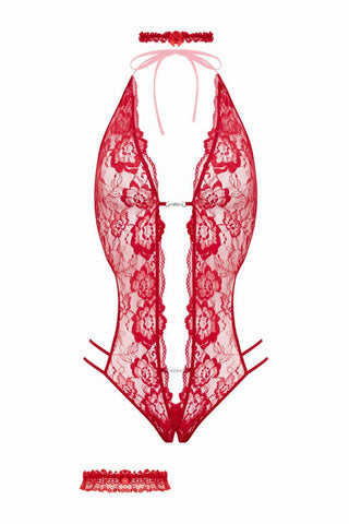 Renee Bodyset Öppen Gren Röd visar upp röda teddyunderkläder i spets med blommönster, en djup V-ringning med metallspännen och ett knytband i halsen. Den har ett matchande strumpeband och har en lockande öppen gren design.