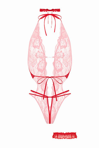 Renee Bodyset Öppen Gren Röd är ett rött underklädesset med spetsar som innehåller en intrikat blommönstrad body med tunna remmar och en matchande elastisk spetschoker.