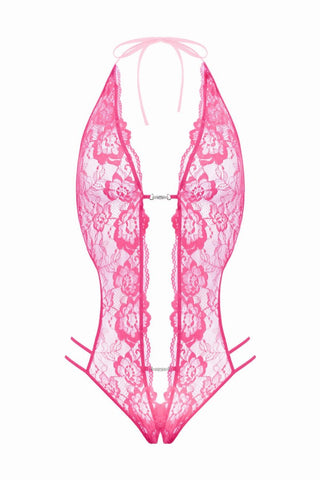 Renee Spetsbody Öppen Gren Rosa är en fängslande bodysuit med intrikata blommiga spetsar och en chic halterneckdesign.