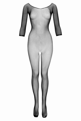 Catsuit Vaera Svart är en svart bodysuit i nätnät med långa ärmar och fotfotade ben, med en passande siluett i sensuellt nättyg. Visas mot en vit bakgrund.