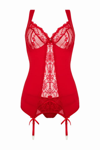 Marzia 2-delat Suspender Set Röd är en röd underklädesbody i spets med blommönster, justerbara remmar och ett fästband. Den har en delikat spetspanel och en rosett i satin mitt fram.
