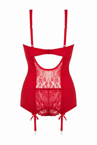 Marzia 2-delat Suspender Set Röd: Röd spets teddy med justerbara remmar, rosettdetalj, delikata spetsmönster, skir blommig mittpanel och strumpbandsfästen. Baksidan har en öppning med krokstängning.