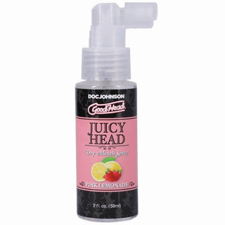En flaska GoodHead Spray Lemonade, en torr munspray med rosa lemonadsmak, är perfekt för att bekämpa muntorrhet och har ett praktiskt spraymunstycke.