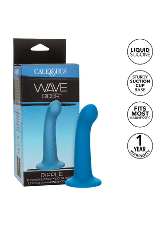 Vågmönstrad Dildo 13 cm är en blå, vågig silikondildo med sugkoppsbas för optimal G-punktsstimulans, som visas bredvid förpackningen med viktiga produktfunktioner.