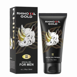 Svart tub och ask märkt Rhino Gold Gel 50 ml med noshörningsgrafik, marknadsförs som en specialgel för män med naturliga ingredienser för att öka känsligheten.