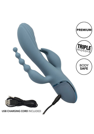 Triple Ecstasy Vibrator är en blå multimotor massageapparat med USB-laddningssladd, tillverkad av kroppssäker silikon och märkt premium.