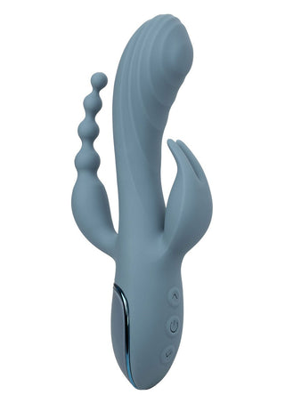 Triple Ecstasy Vibrator, tillverkad av kroppssäker silikon, inkluderar texturerade och pärlformade tillbehör med kontrollknappar på basen i en elegant, grå vattentät design.
