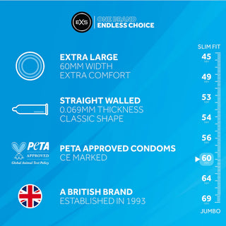 Blå infografik för EXS Jumbo Kondomer 12-pack visar storlek, komfort, väggtjocklek, PETA-godkännande, brittiskt ursprung och att de är tillverkade av naturlatex.