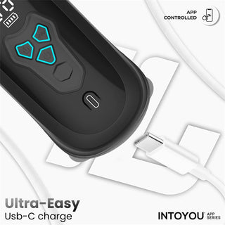 Intoyou Torky – appstyrd masturbator, svart silikon med knappar, display och USB-C-kabel (se bild).