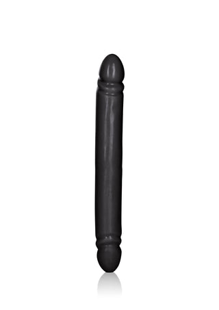 En svart, dubbeländad 30 cm Svart Dubbel Dildo med flexibel design och rundade ändar står upprätt mot en vit bakgrund.