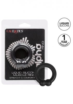 Bilden visar en förpackad "Premium Liquid Silikon Muscle Ring", som framhäver dess "Stretchy & Comfortable" design och en "1 Year Warranty." Den svarta Alpha Liquid Silikon Kukring har en pärldesignstruktur.