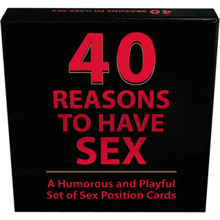 Svart låda med fet röd text: 40 Sexkort Med Ställningar. En lekfull och humoristisk sexpresent - dessa sexiga positionskort väcker skratt och lust i sovrummet.