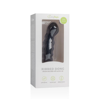 Svart, ribbad analdildo i silikon, 14 cm, med kraftig sugfot.