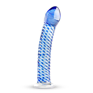 Blå och vit glasdildo med spiralformad mönster, böjd skaft och utvidgad bas.