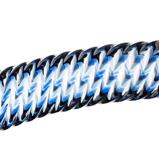 Blå, vit och svart glasdildo med vriden sicksackform; Gildo Glasdildo nr 5, 18 cm.