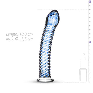 Dildo i vridet glas, 18 cm lång, blå och genomskinlig, maxdiameter 3,5 cm.