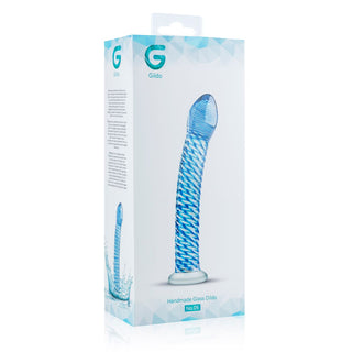 Gildo Glasdildo nr 5, 18 cm lång dildo i klart glas med böjd form, avbildad i förpackning med produktinformation.
