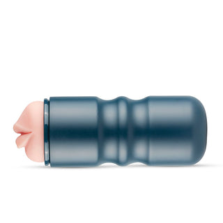 Blå FPPR-simulator för oralsex, cylindrisk form med realistisk munöppning, mjukt material, mot vit bakgrund.