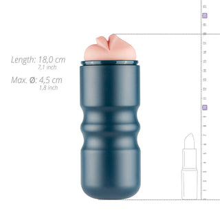 Mörkblå cylindrisk sexleksak med en mjukrosa insats, tillverkad av slätt material, med en enkel och diskret design.