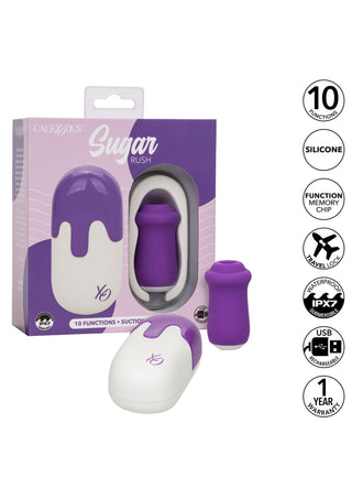 Lila och vit Sugar Rush Lufttrycksvibrator, slät silikonfinish, kompakt design med böjd spets, synlig USB-laddningsport.