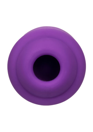 Purple Sugar Rush Lufttrycksvibrator, silikonmaterial, oval form med central öppning, visas på en vit bakgrund.