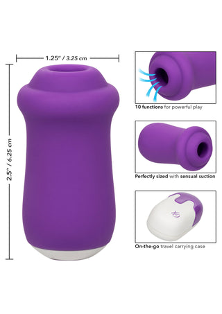 Lila lufttrycksvibrator med sugteknik, slätt material, strömlinjeformad design och ett vitmärkt resefodral.