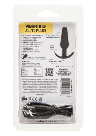 Förpackning för Boundless Vibrating Slim Plug, med USB-laddare, produktbeskrivning och diagram på baksidan.