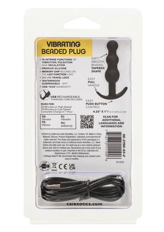 Förpackning för Vibrerande Pärlformad Analplugg med produktfunktioner, instruktioner, laddkabel samt vattentät design för säker och njutbar användning.