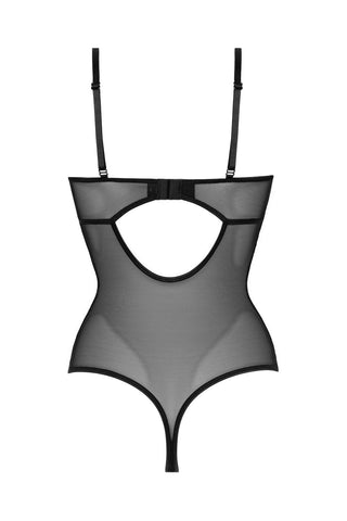 Bodysuit i svart mesh med justerbara band, spetsdetaljer och ryggutskärning, mot en vit bakgrund.