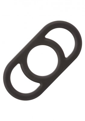 CalExotics Silikon Commander Ring är ett premiumsvart gummi- eller plastföremål med ett centralt cirkulärt hål och två halvcirkelformade ändar, designad med högkvalitativa material för hållbarhet och effektivitet.