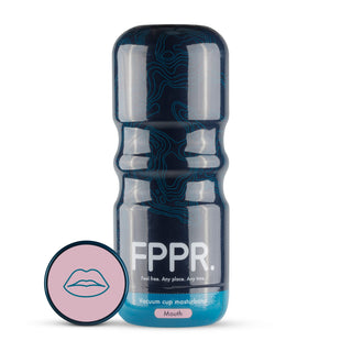 Mörkblå FPPR-simulator för oralsex med en realistisk munöppning och en ikon för rosa läppar på utsidan.