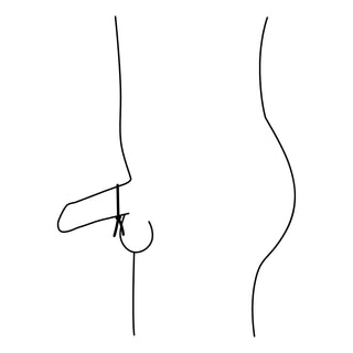 Justerbar penisring i svart silikon; en minimalistisk streckteckning visar produktens cirkulära form på en figur i erigerat tillstånd.