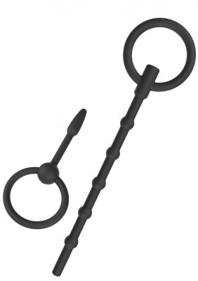 Upplev charmen med Hidden Desire 2-Pack Dilatorer: en uppsättning av två svarta urinrörsdilatatorer i svart silikon med ringar - den ena är rak med pärlor, medan den andra har en subtil kurva och spetsig spets, designad för förhöjda förnimmelser.